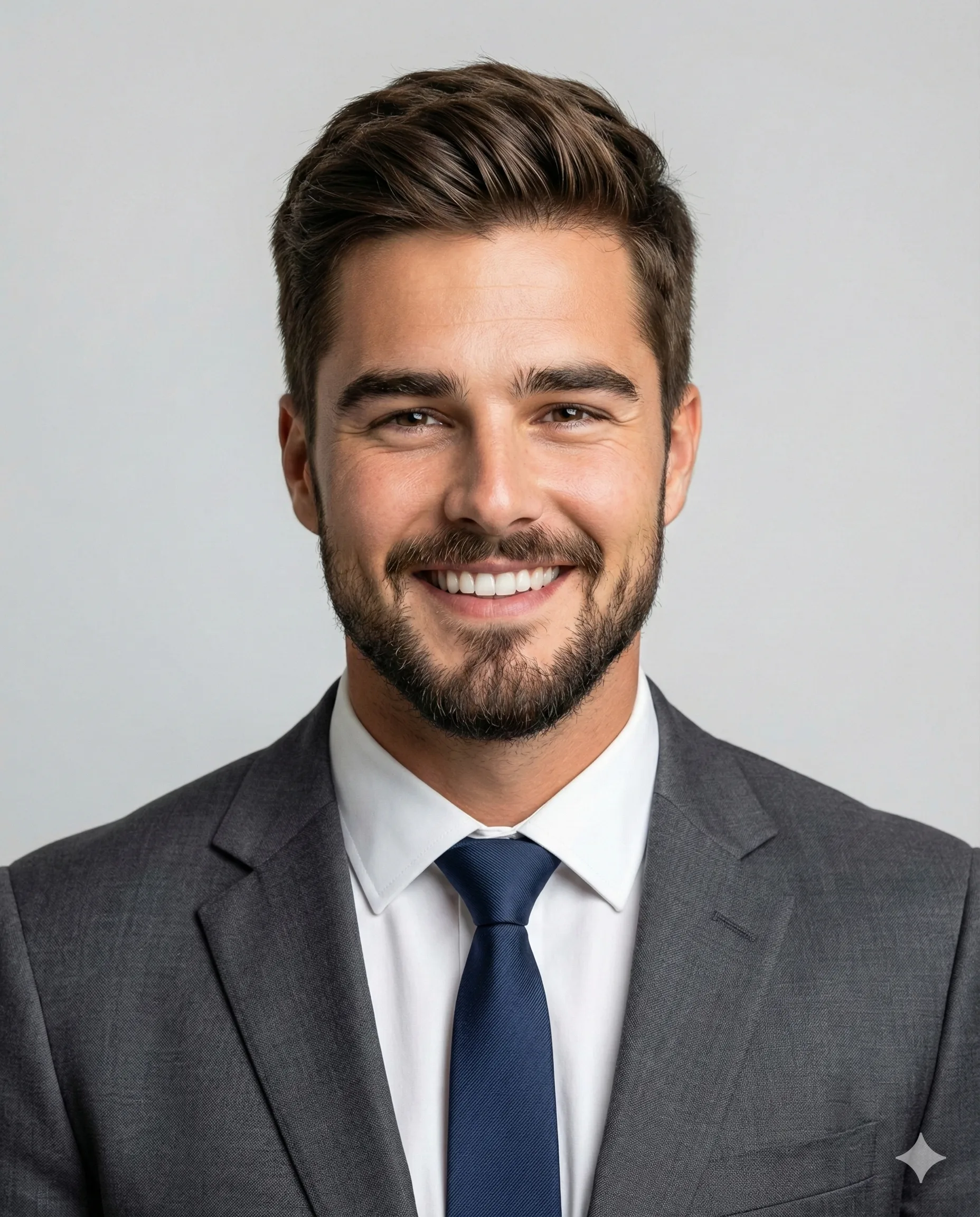 Professional headshot of a smiling man with a neat beard and brown hair, wearing a sharp grey suit, white shirt, and navy tie against a clean, light grey backdrop.