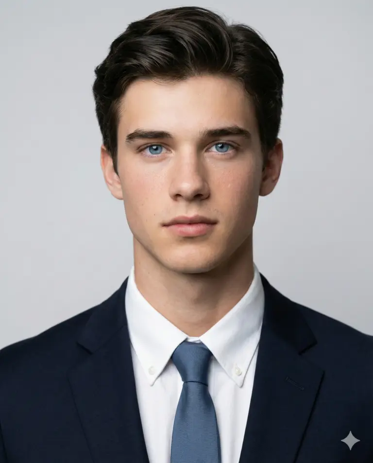 Professional headshot of a young man with blue eyes and dark hair, wearing a navy blue suit, white shirt, and blue tie against a neutral grey background.