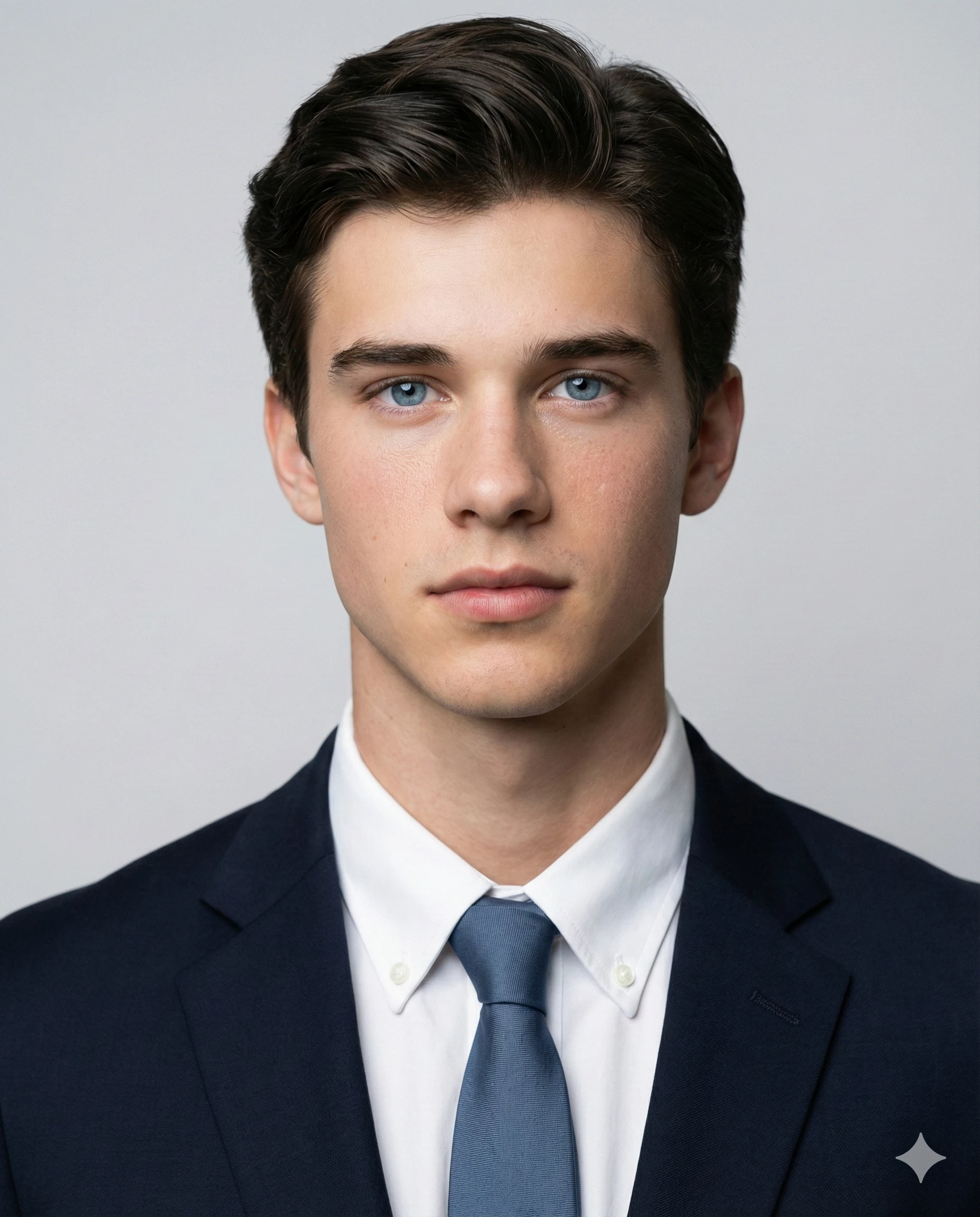 Professional headshot of a young man with blue eyes and dark hair, wearing a navy blue suit, white shirt, and blue tie against a neutral grey background.