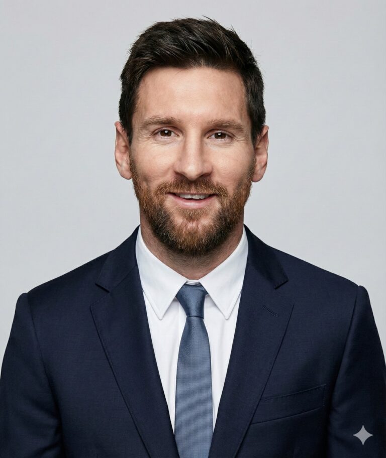 A professional headshot of Lionel Messi wearing a navy blue suit, white shirt, and blue tie, smiling against a neutral grey background.