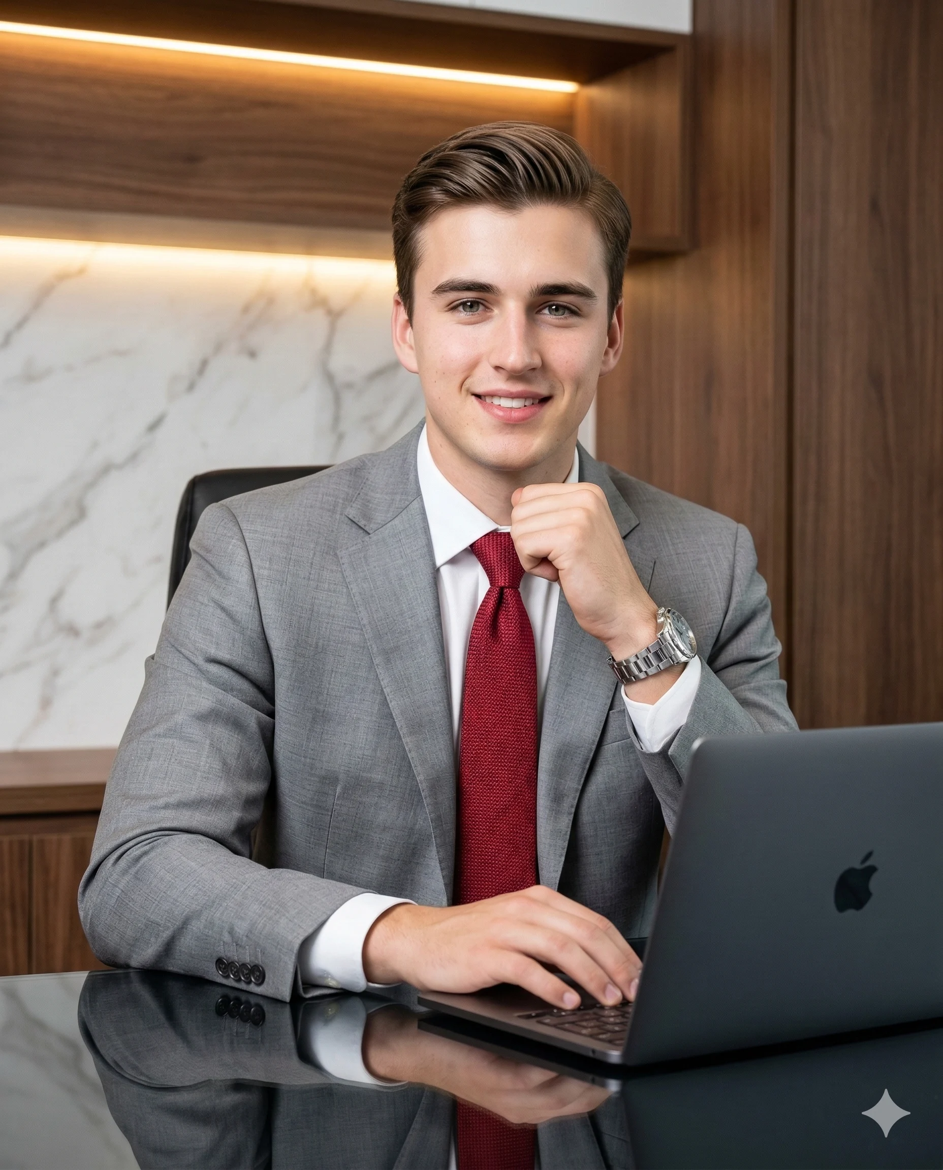 Professional Man Office Photography Prompt. AI generated corporate portrait of a smiling young man in a grey suit and red tie sitting at a polished office desk with a laptop.