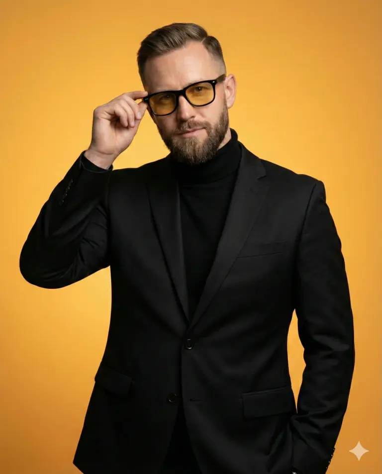 A bearded man in a black suit and turtleneck adjusts his yellow-tinted glasses against a vibrant yellow background. A sharp, professional portrait.