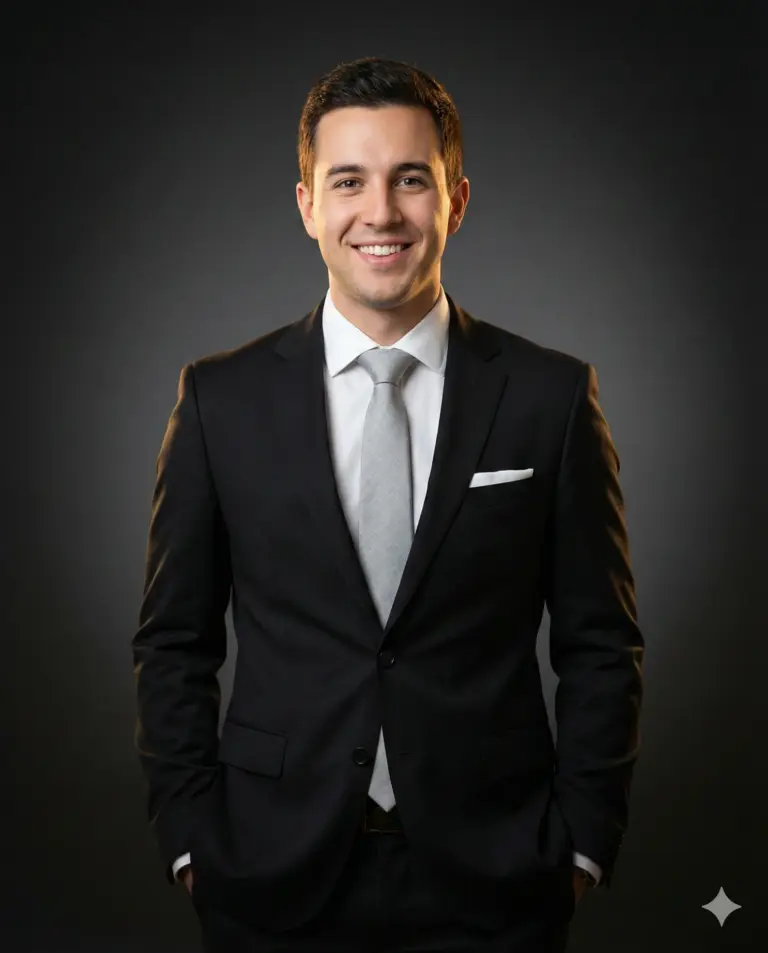 Man in Black Suit and Grey Tie AI Photo Editing Prompt. AI generated studio portrait of a smiling man wearing a formal black suit with a light grey tie and a white pocket square against a dark studio background.