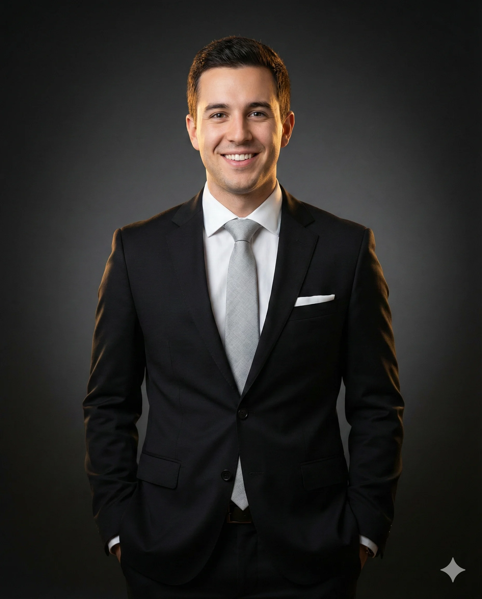 Man in Black Suit and Grey Tie AI Photo Editing Prompt. AI generated studio portrait of a smiling man wearing a formal black suit with a light grey tie and a white pocket square against a dark studio background.