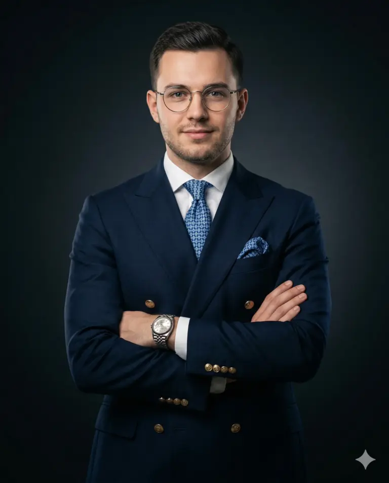 AI generated studio portrait of a man with glasses wearing a navy blue double-breasted suit with arms crossed.