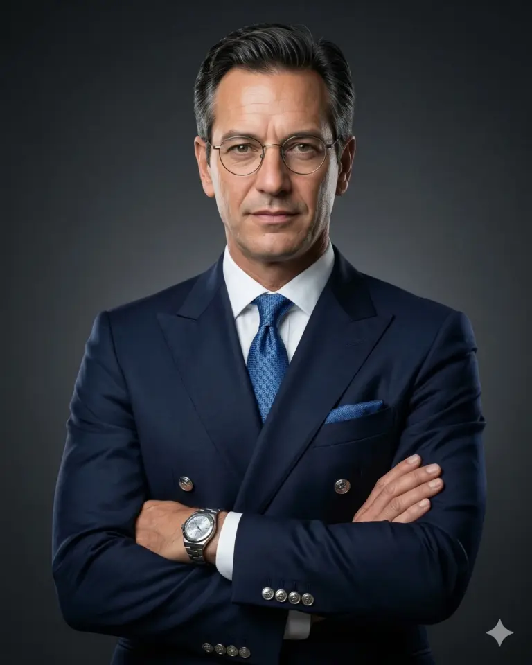 Professional Man in Navy Suit AI Photo Editing Prompt. AI generated studio portrait of a sophisticated man with glasses wearing a navy blue double-breasted suit and silver watch with arms crossed.