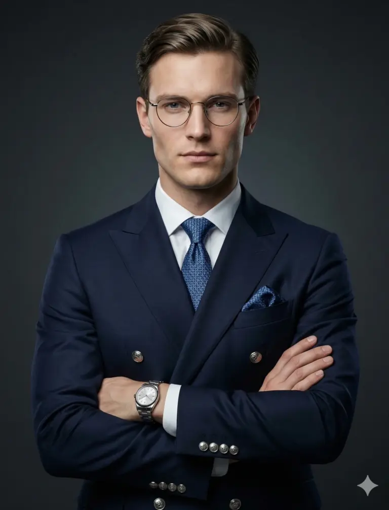 Man in Navy Double-Breasted Suit AI Photo Editing Prompt. AI generated studio portrait of a sophisticated man wearing a navy blazer, round glasses, and a wristwatch with arms crossed.