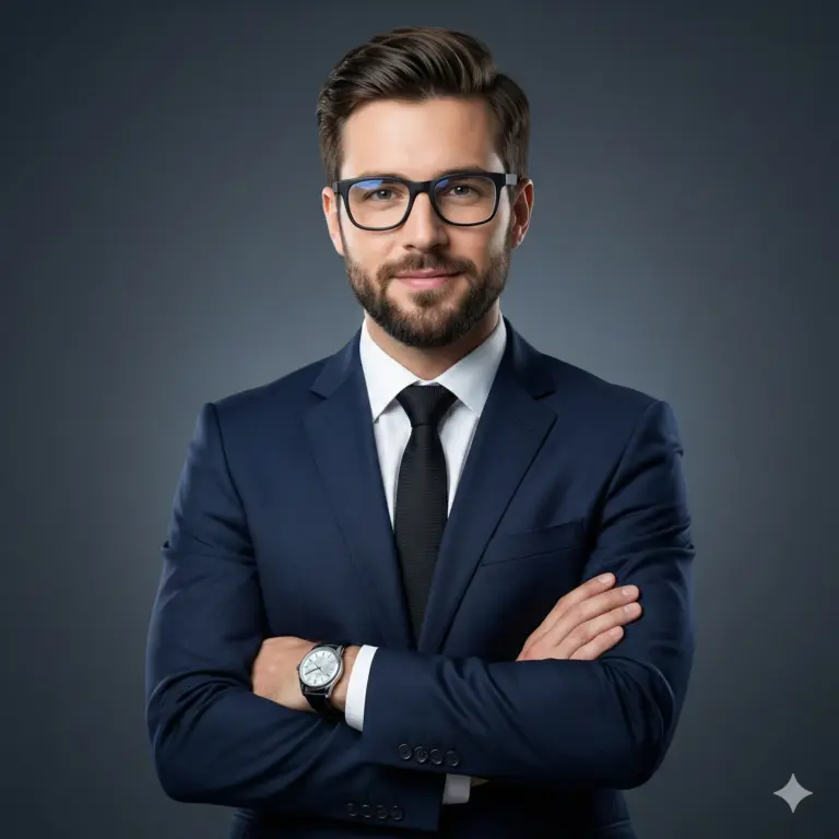 Professional Man in Navy Suit AI Photo Editing Prompt. AI generated studio portrait of a bearded man with glasses wearing a navy blue suit and black tie with arms crossed.