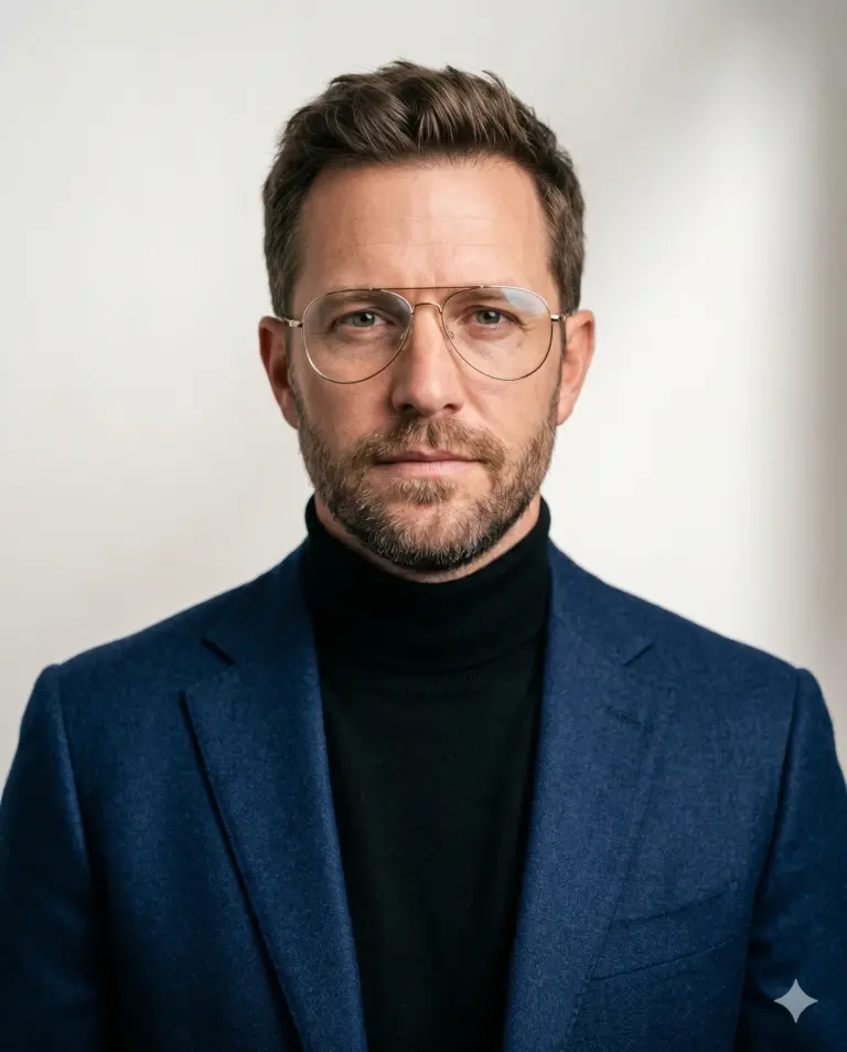 Professional Portrait AI Photo Editing Prompt. AI generated studio portrait of a bearded man wearing wire-rimmed glasses, a black turtleneck, and a navy blue blazer.