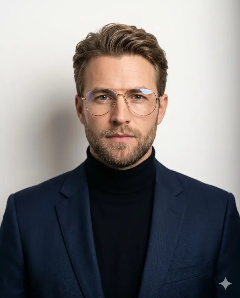 Professional Man in Navy Blazer AI Photo Editing Prompt. AI generated studio portrait of a bearded man with glasses wearing a black turtleneck and a tailored navy blue blazer.