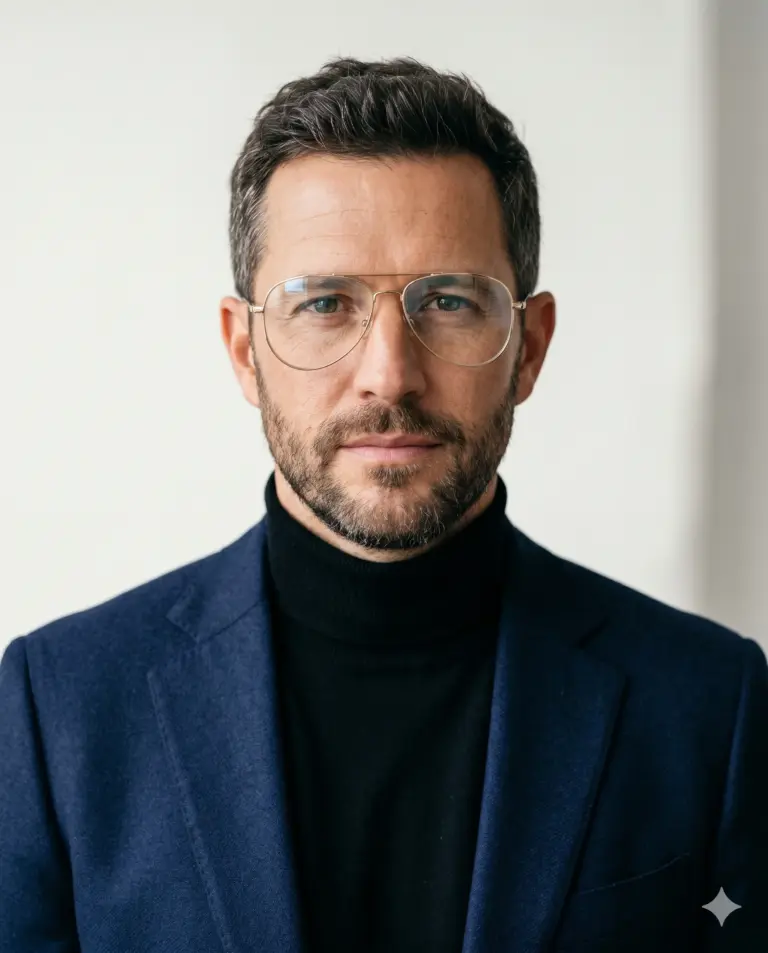 AI generated studio portrait of a bearded man wearing clear aviator glasses, a black turtleneck, and a navy blue blazer against a bright background.