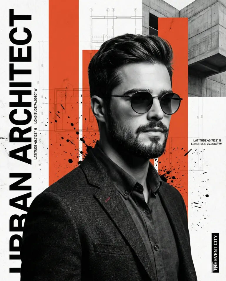 Graphic poster of a man in a blazer and sunglasses. Background features orange bars, architectural blueprints, and ink splatters. Bold vertical text reads "URBAN ARCHITECT."