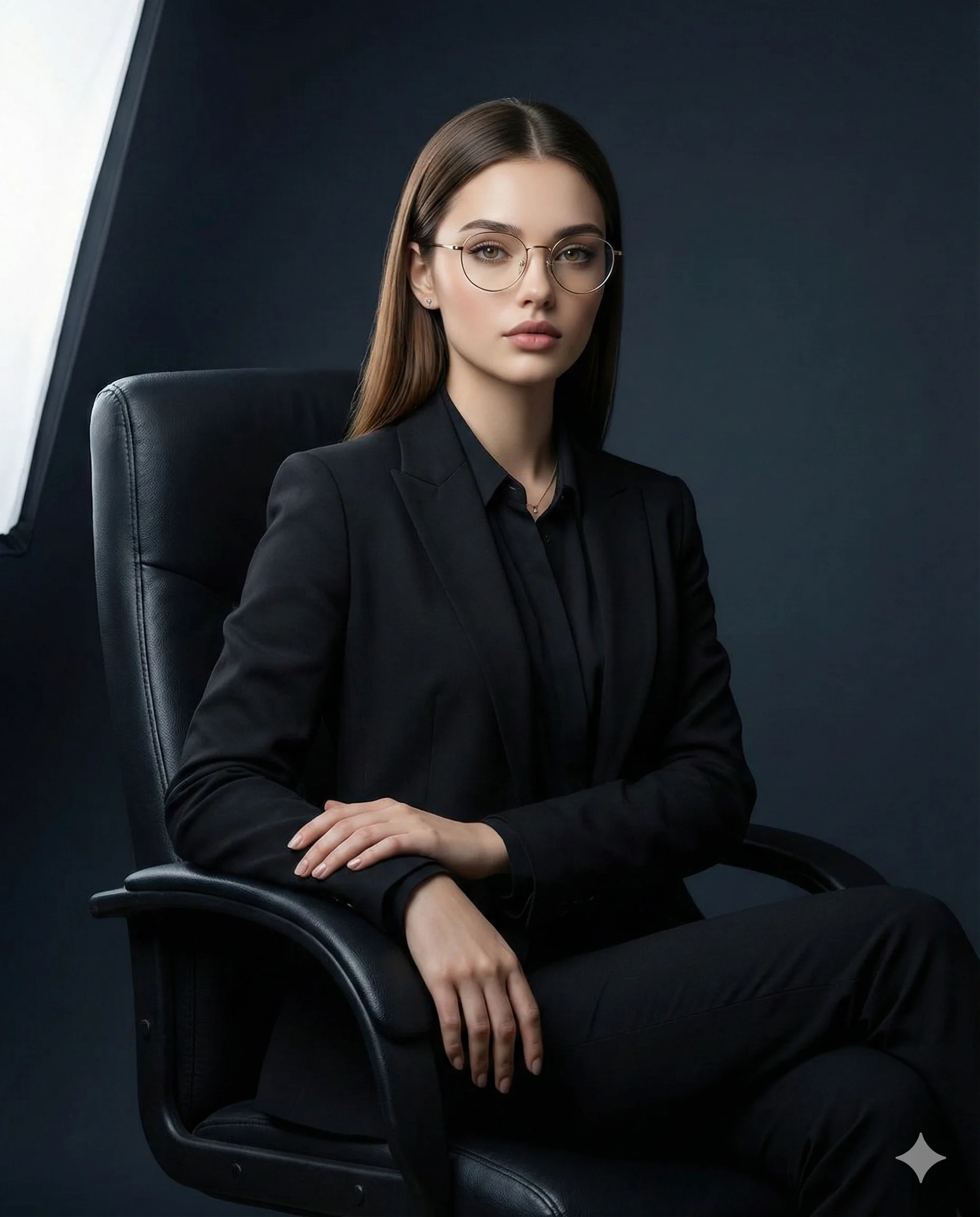 Woman in Black Suit and Glasses AI Photo Editing Prompt. AI generated studio portrait of a professional woman wearing gold-rimmed glasses and a black business suit while sitting in a black leather executive chair.