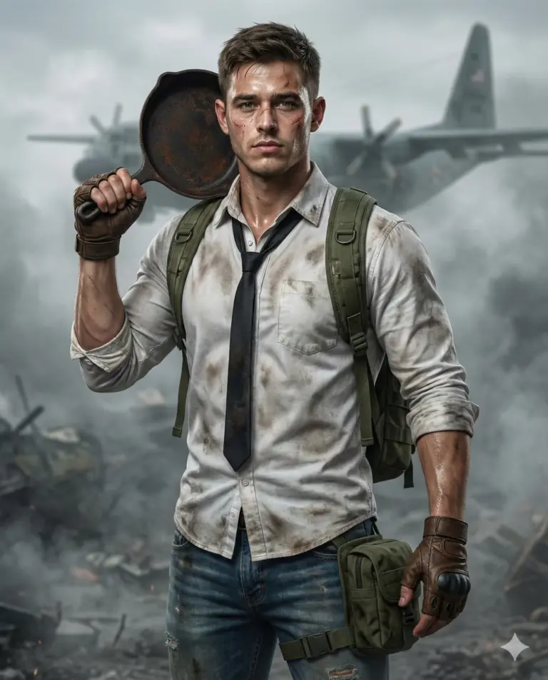 PUBG Man AI Photo Editing Prompt. AI generated cinematic portrait of a rugged man in a white shirt and tactical gear holding a cast-iron skillet on a smoky battlefield with a military plane.