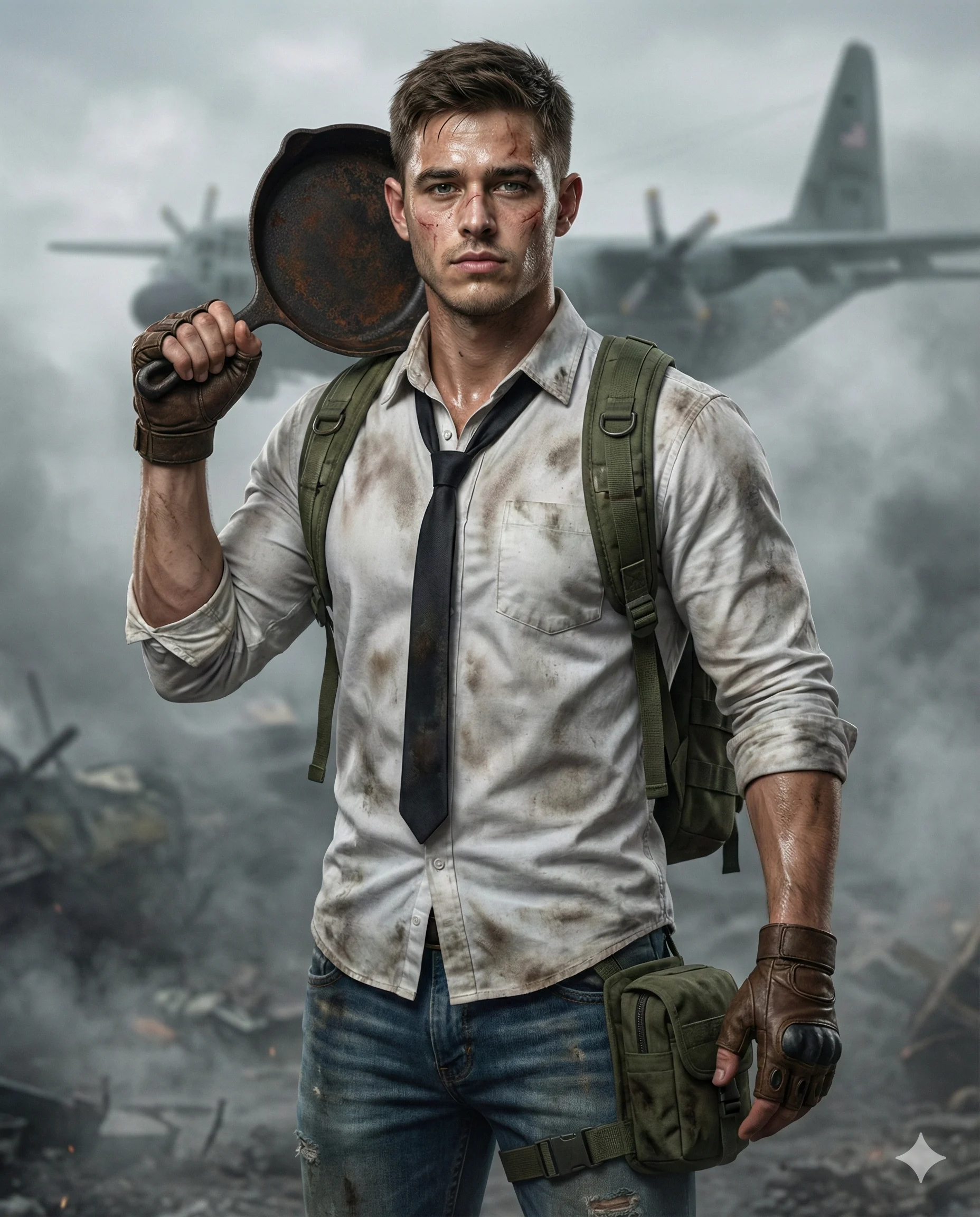 PUBG Man AI Photo Editing Prompt. AI generated cinematic portrait of a rugged man in a white shirt and tactical gear holding a cast-iron skillet on a smoky battlefield with a military plane.