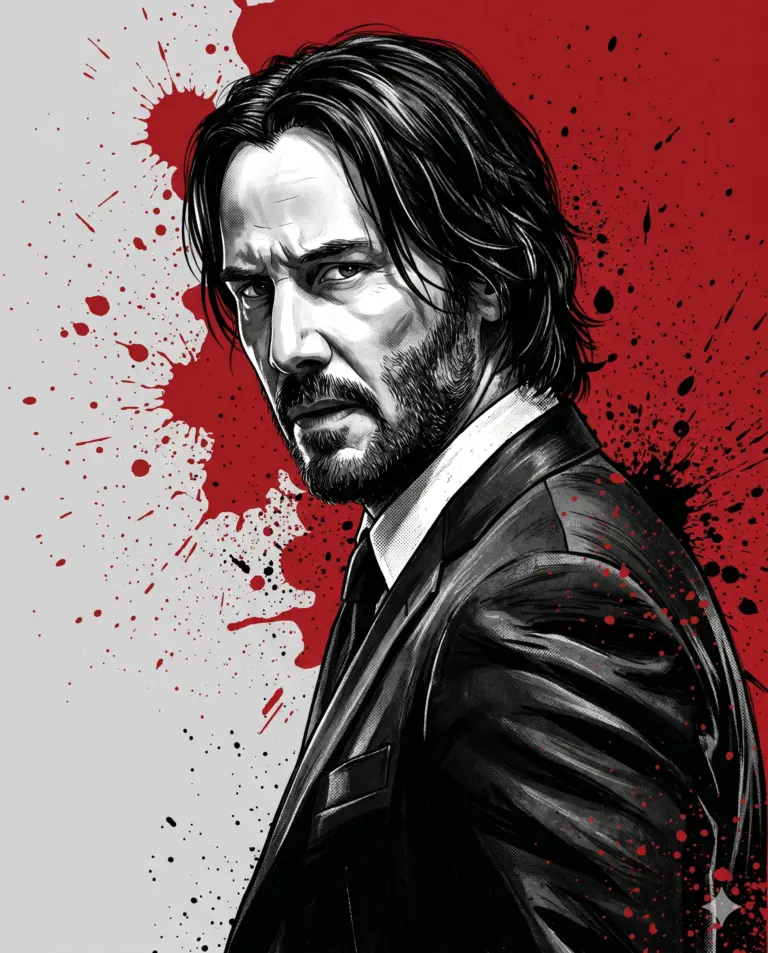 Male Stylized Noir AI Photo Editing Prompt. AI generated digital illustration of a high-contrast black and white portrait of male character in a suit featuring dramatic red ink splatters.