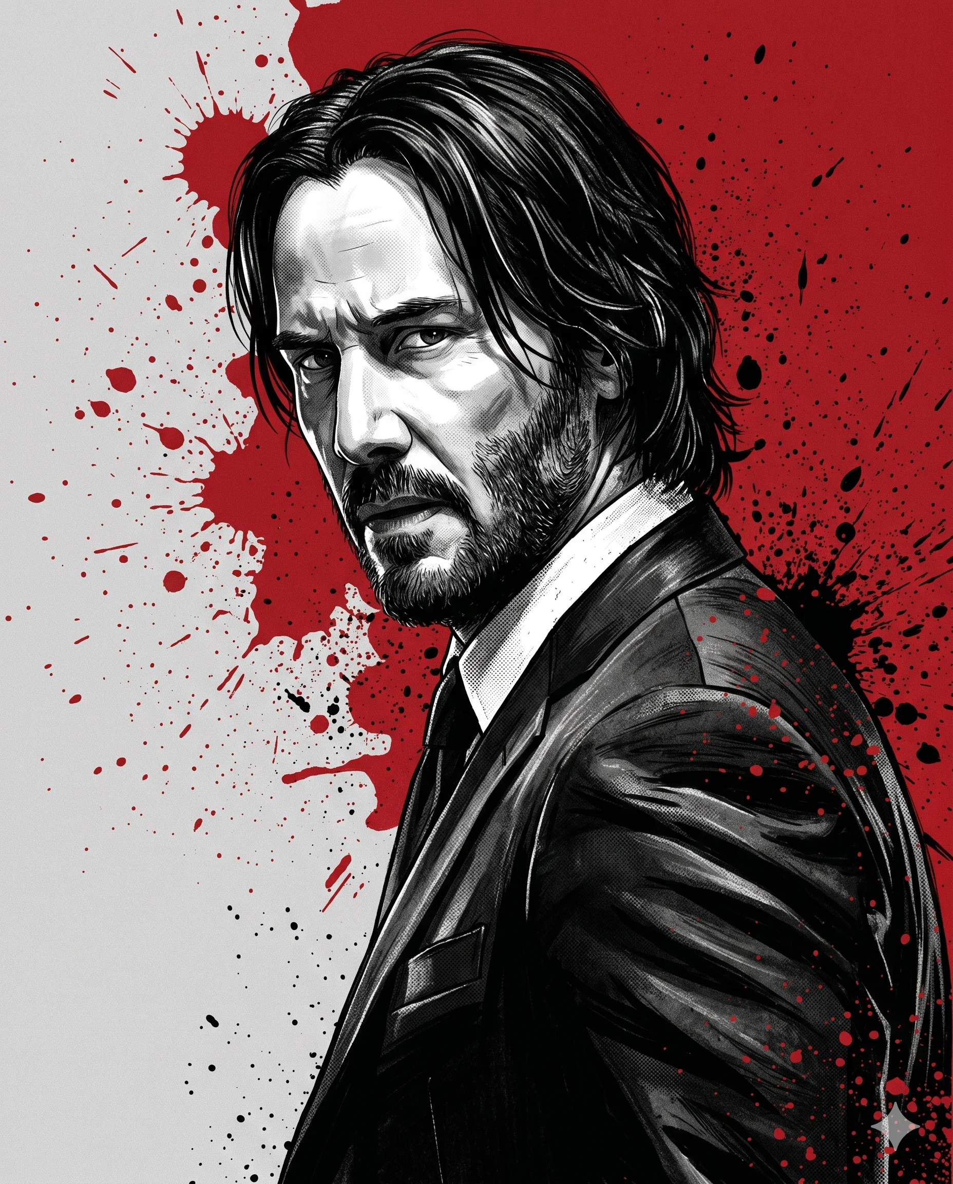 Male Stylized Noir AI Photo Editing Prompt. AI generated digital illustration of a high-contrast black and white portrait of male character in a suit featuring dramatic red ink splatters.