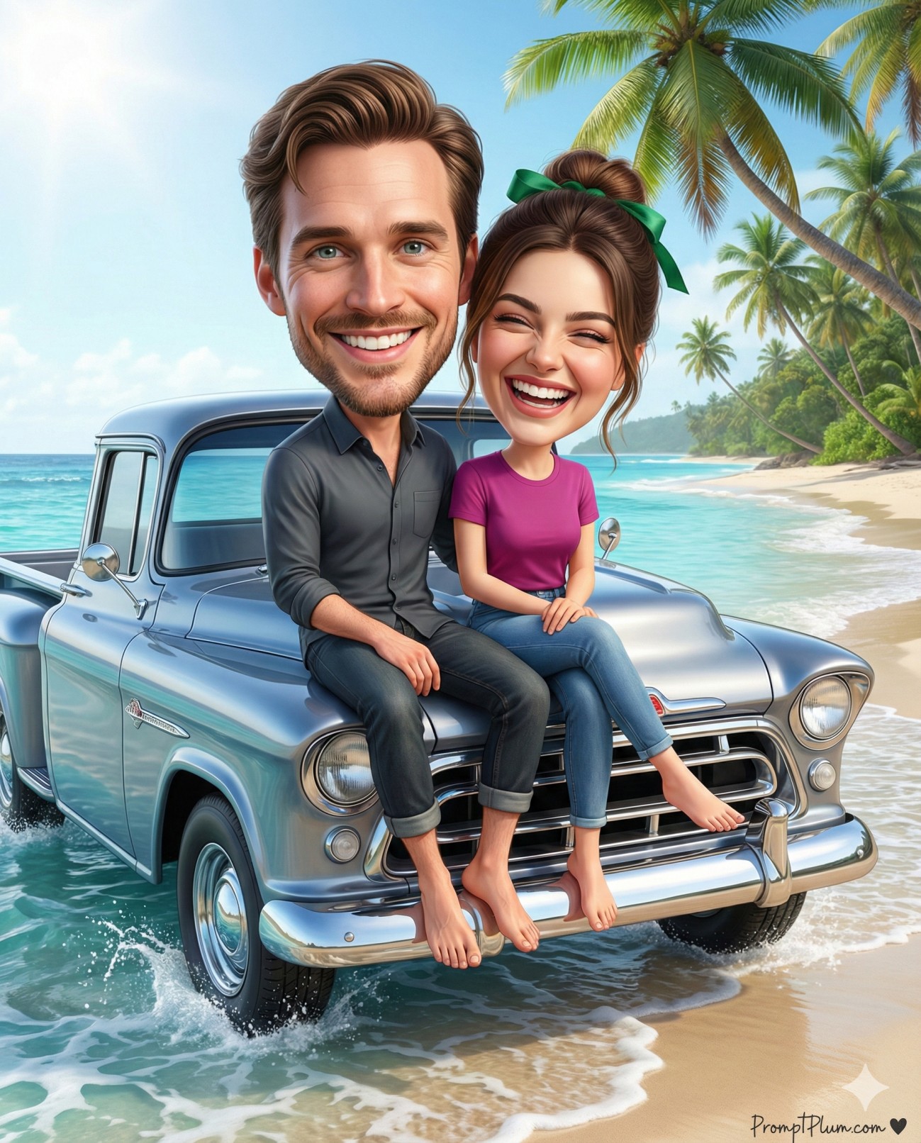 Gemini AI Generated Image: 3D caricature of a smiling couple sitting on a vintage truck at a sunny tropical beach with palm trees and ocean waves. A romantic vacation illustration.