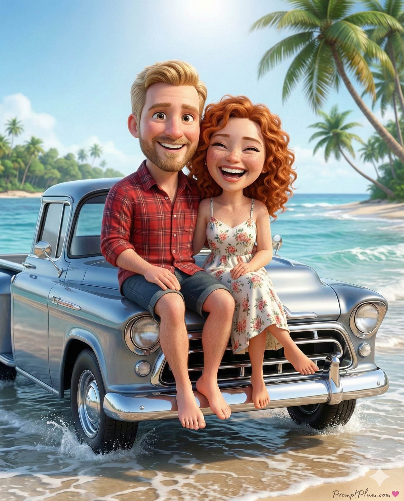 Gemini AI Generated Image: A joyful 3D caricature of a smiling couple sitting on the hood of a vintage blue truck at a tropical beach, surrounded by palm trees and turquoise water.