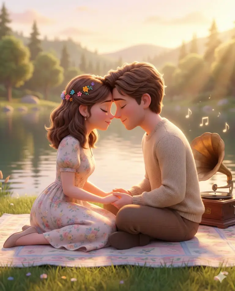 Romantic Couple Picnic AI Photo Editing Prompt. AI generated 3D digital illustration of a young couple sitting on a floral blanket by a lake at sunset, holding hands and touching foreheads while a vintage gramophone plays music.