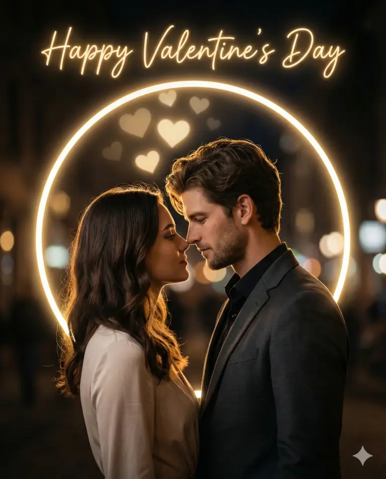 Cinematic shot of a romantic couple framed by a glowing golden circle and hearts. "Happy Valentine's Day" glows in neon above them against a blurry city night.