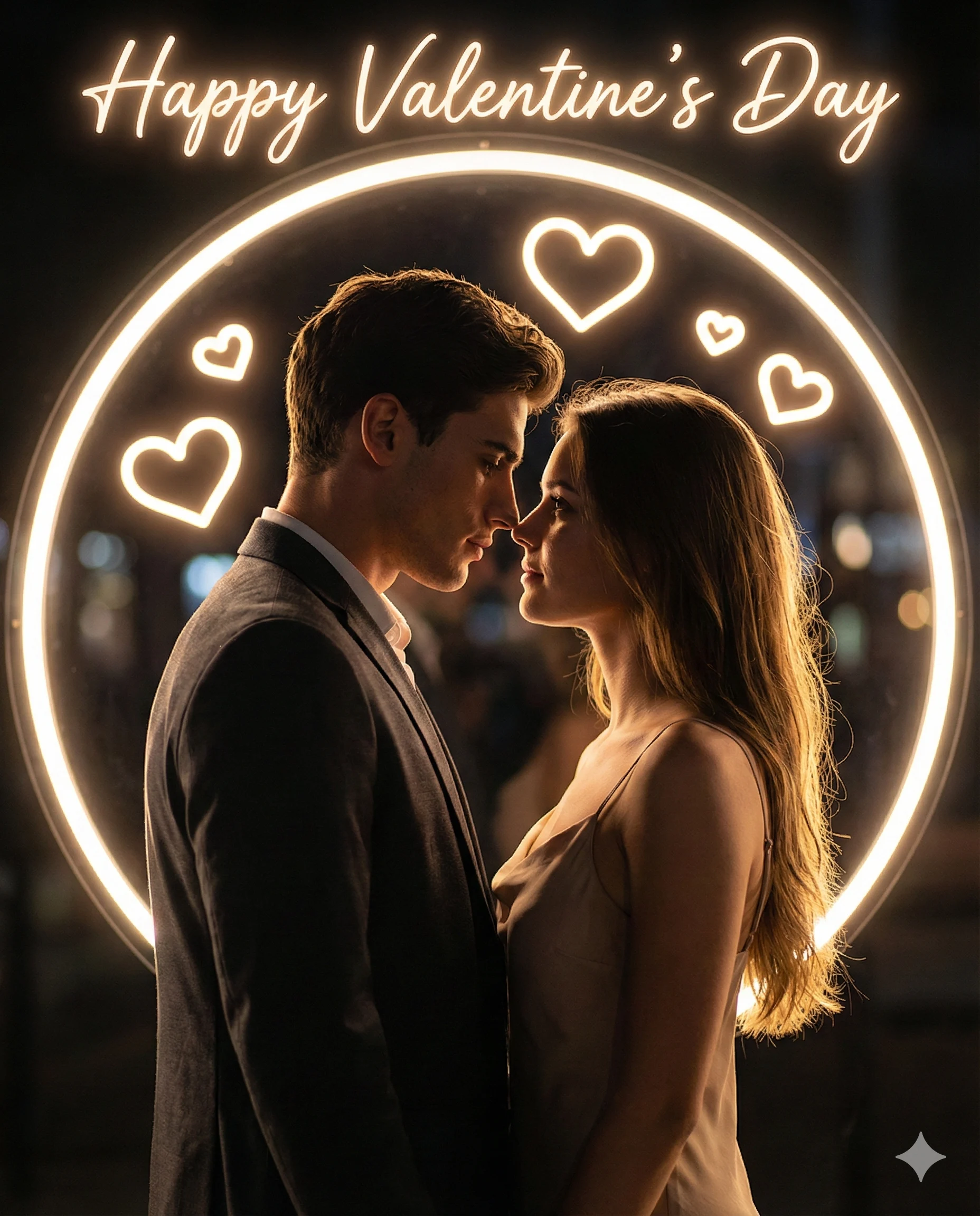 A romantic couple gazes at each other inside a glowing neon circle, surrounded by floating hearts and the text "Happy Valentine's Day."
