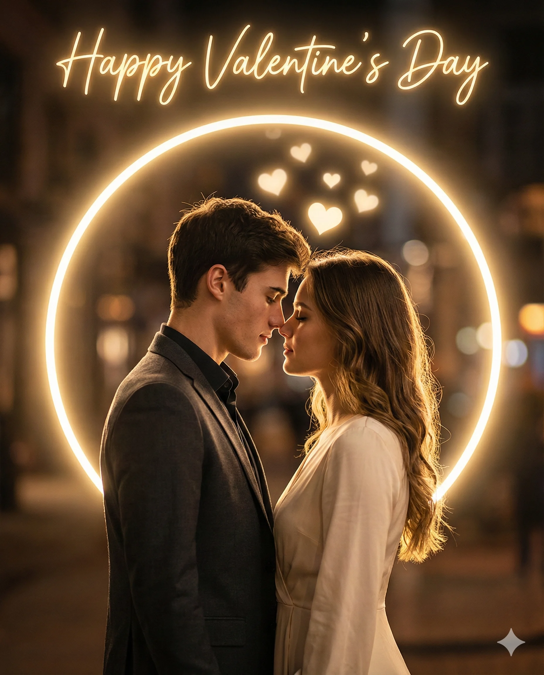 Romantic couple in a glowing golden circle with floating hearts. Neon 'Happy Valentine's Day' text at the top, set against a warm cinematic night city.