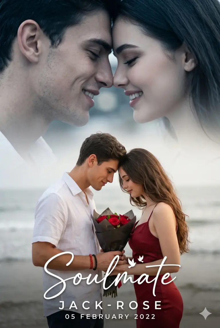 Romantic Couple Beach Poster AI Photo Editing Prompt. AI generated digital illustration of a couple touching foreheads on a beach with a bouquet of red roses.