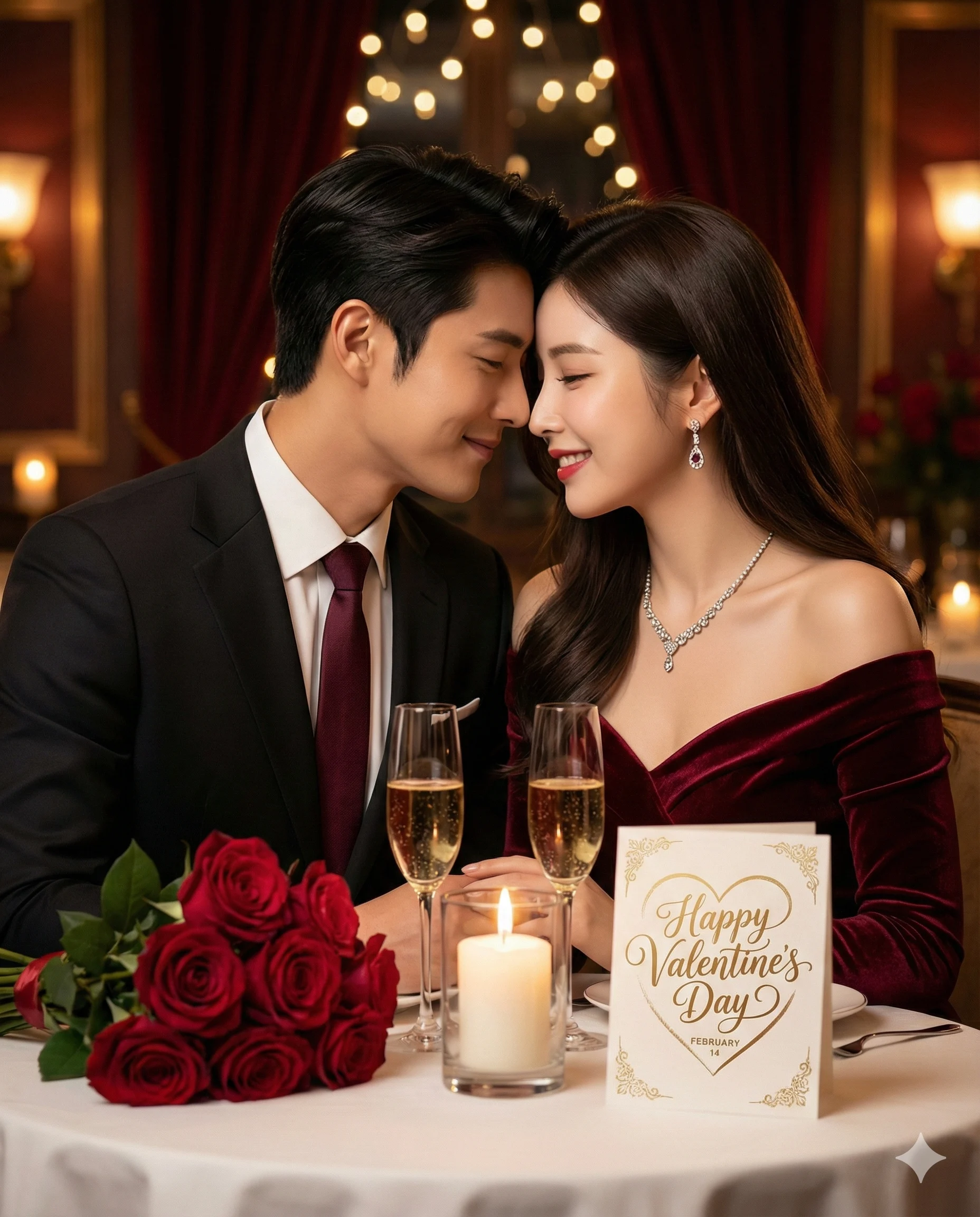 A romantic couple shares an intimate moment at a candlelight Valentine's dinner with roses, champagne, and a greeting card. Warm, cinematic lighting.