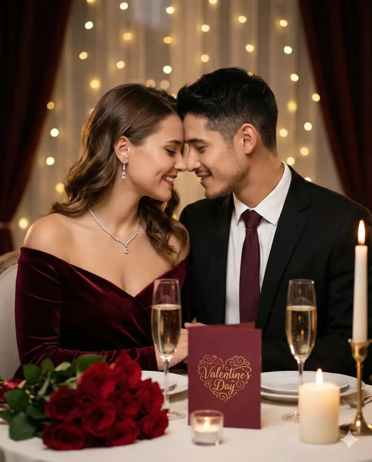 A romantic couple in formal attire shares an intimate moment over a candlelit Valentine's dinner, featuring red roses, champagne, and a warm, dreamy bokeh glow.