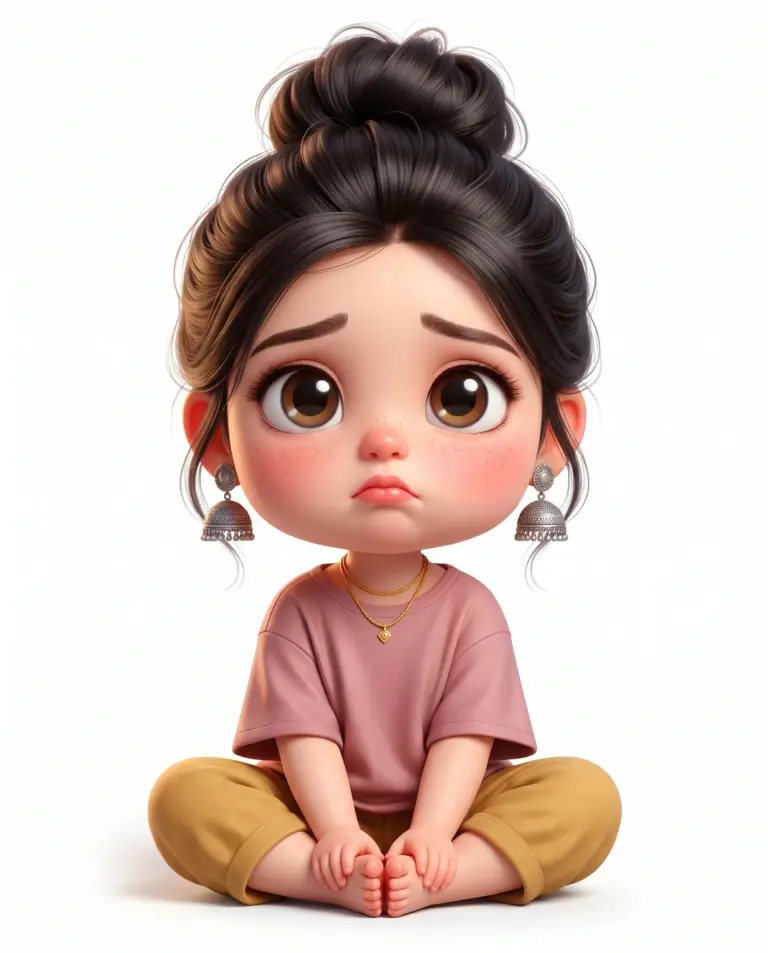 Sad Cute 3D Cartoon Girl AI Prompt. AI generated 3D digital illustration of an adorable, sad little girl with big brown eyes, a messy bun, and silver jhumkas sitting cross-legged in a pink t-shirt.