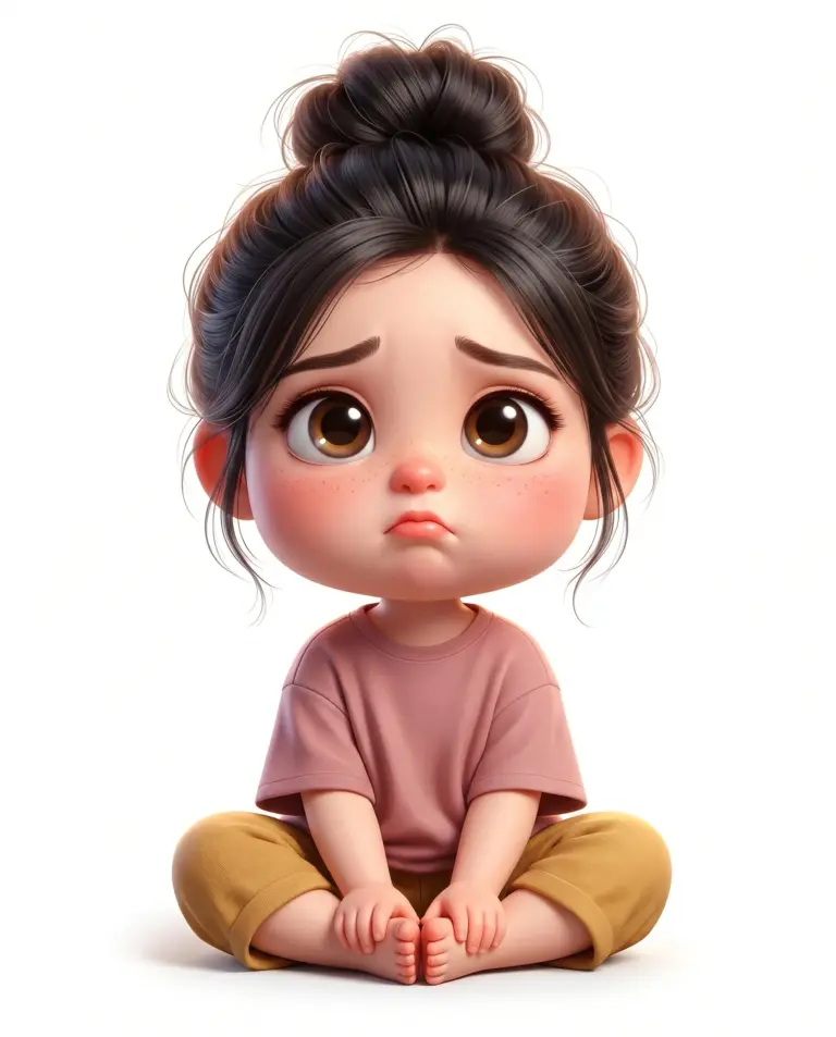 Sad 3D Cartoon Girl AI Photo Editing Prompt. AI generated 3D digital illustration of a cute, sad little girl with big brown eyes and a messy bun sitting in a pink shirt and yellow pants.