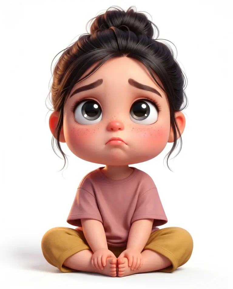 AI generated 3D digital illustration of a cute, sad little girl with big eyes and a messy bun sitting cross-legged on a white background.