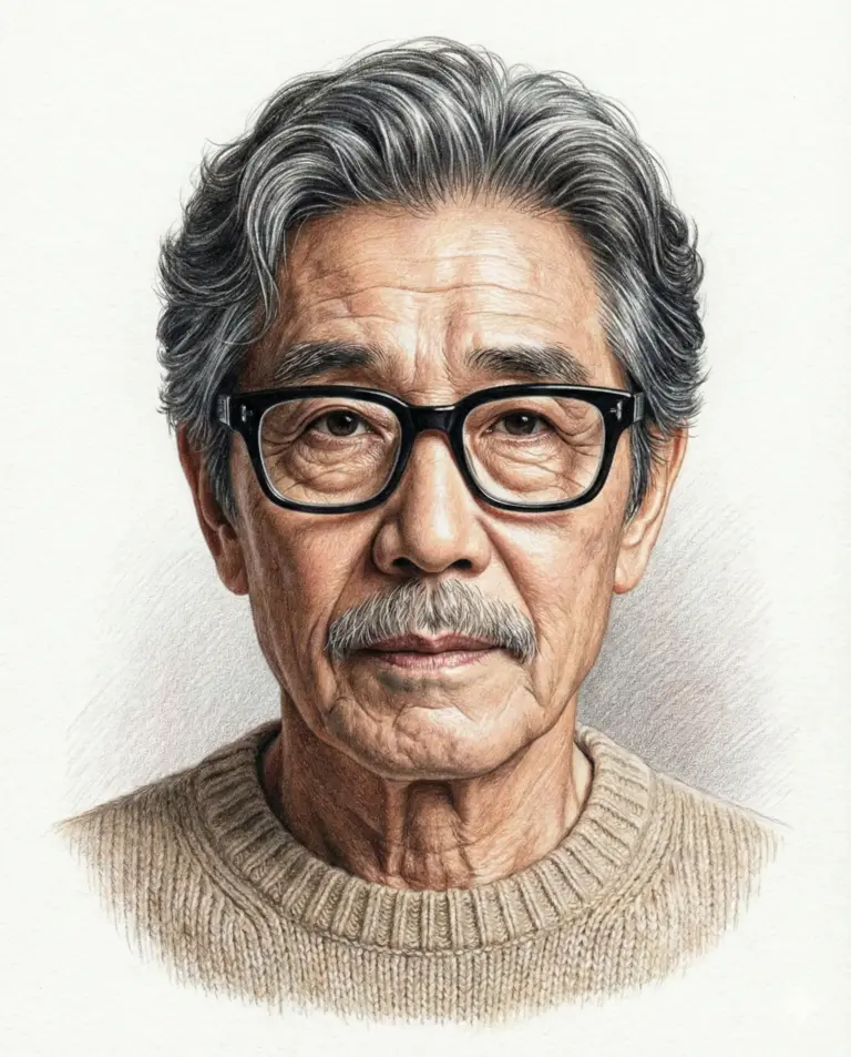 Color Pencil Sketch Prompt. AI generated colored pencil illustration of an older man with grey hair, thick black glasses, and a mustache wearing a beige knit sweater.