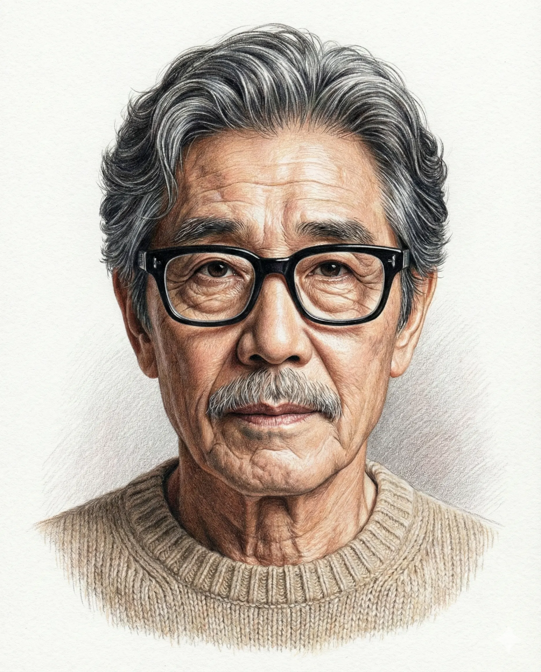 Color Pencil Sketch Prompt. AI generated colored pencil illustration of an older man with grey hair, thick black glasses, and a mustache wearing a beige knit sweater.