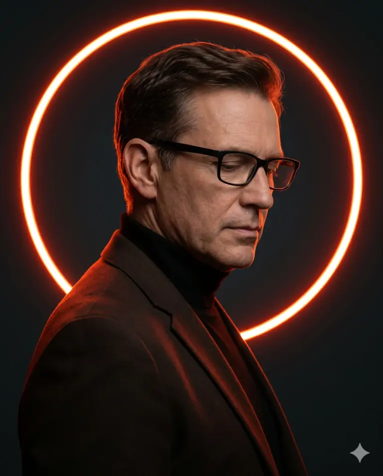 Man with Neon Halo AI Photo Editing Prompt. AI generated cinematic portrait of a serious man with glasses and a brown blazer, backlit by a glowing orange neon circle.