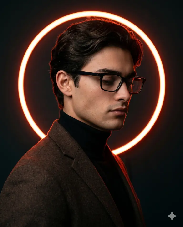 AI generated studio portrait of a serious young man in a brown blazer and turtleneck, illuminated by a glowing orange neon ring against a dark background.
