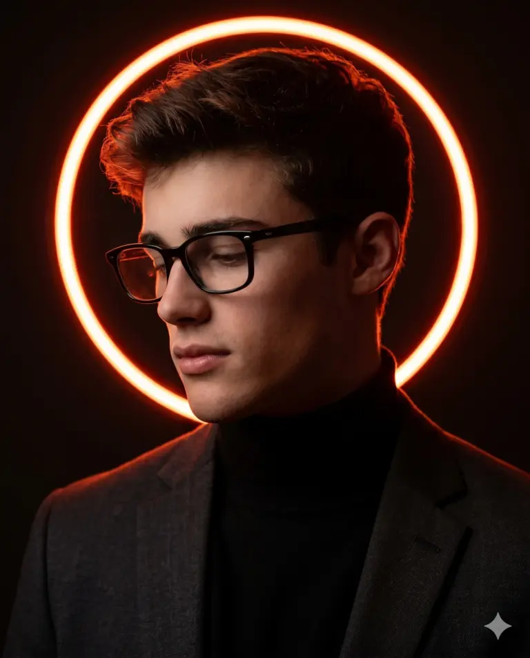 Man with Neon Halo AI Photo Editing Prompt. AI generated studio portrait of a serious young man in glasses, a black turtleneck, and a grey blazer in front of a glowing orange neon circle.