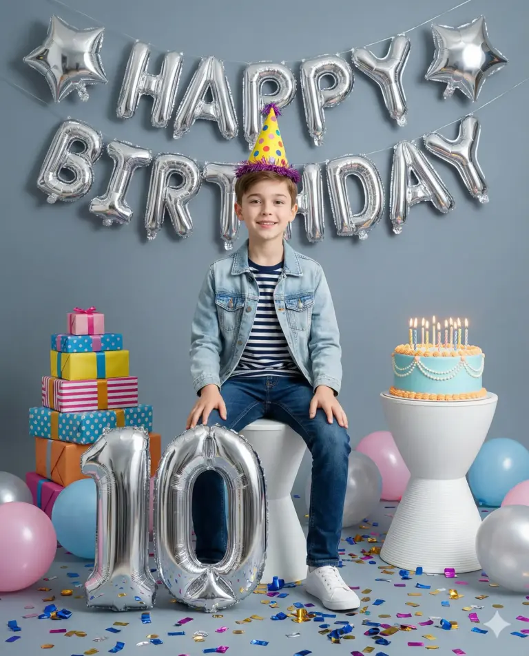 A boy celebrates his 10th birthday with silver "HAPPY BIRTHDAY" balloons, a blue cake, and stacked gifts. Colorful balloons and confetti complete the festive scene.