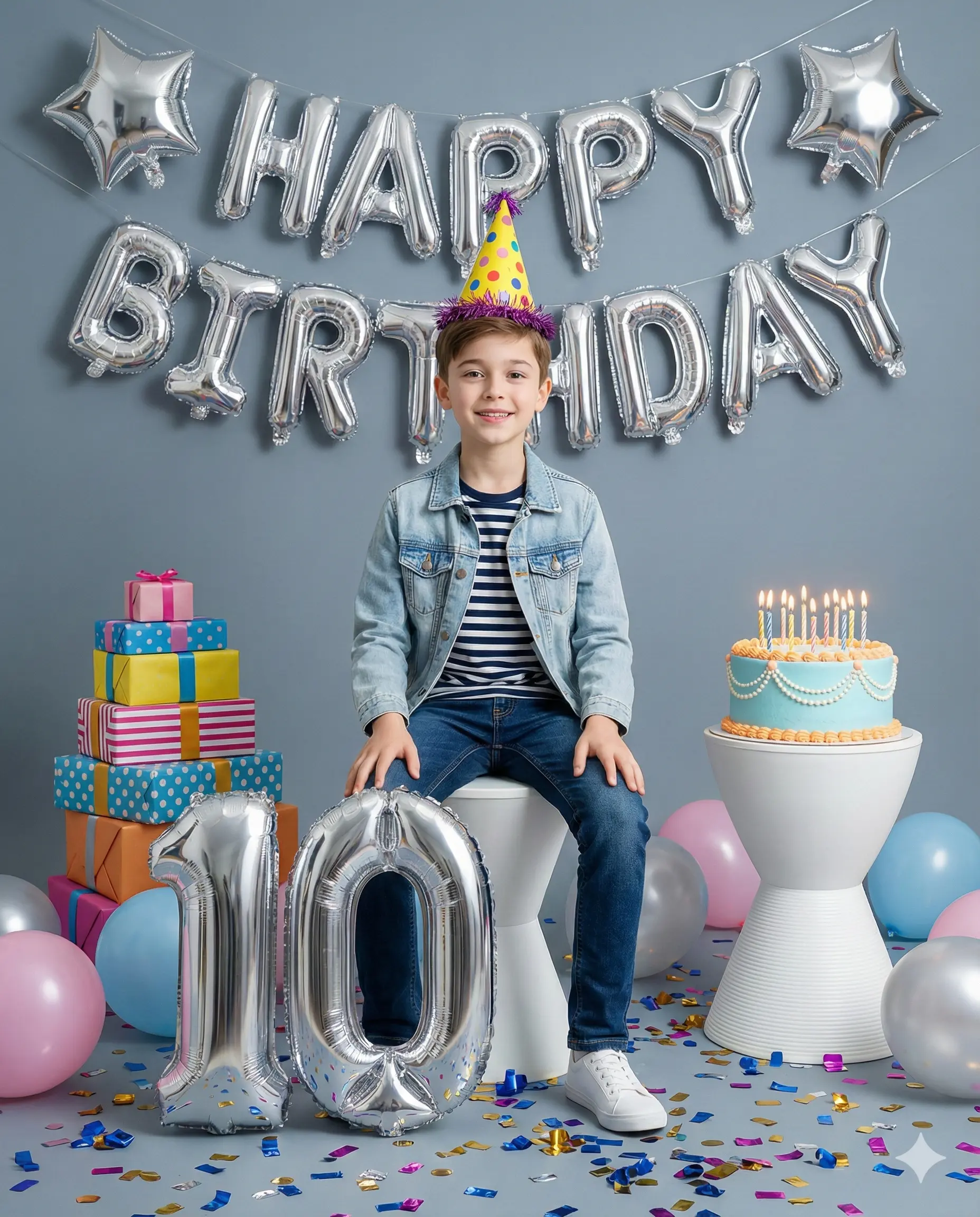 A boy celebrates his 10th birthday with silver "HAPPY BIRTHDAY" balloons, a blue cake, and stacked gifts. Colorful balloons and confetti complete the festive scene.