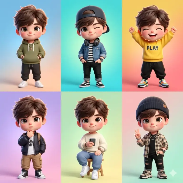 Six Cute Boy Character Variations AI Photo Editing Prompt. AI generated 3D digital illustration of a 2x3 grid featuring a cute chibi-style boy in various stylish outfits and expressive poses against colorful pastel backgrounds.