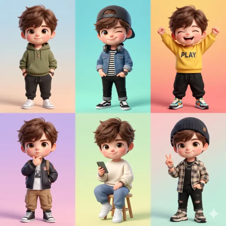 Chibi Boy Character Grid AI Photo Editing Prompt. AI generated 3D digital illustration of a cute chibi boy featuring six stylish outfits and expressive poses on colorful backgrounds.