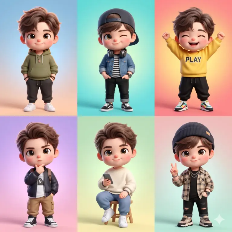 AI generated 3D digital illustration featuring a grid of six adorable boy characters wearing diverse trendy outfits and displaying various expressive poses against vibrant pastel backgrounds.