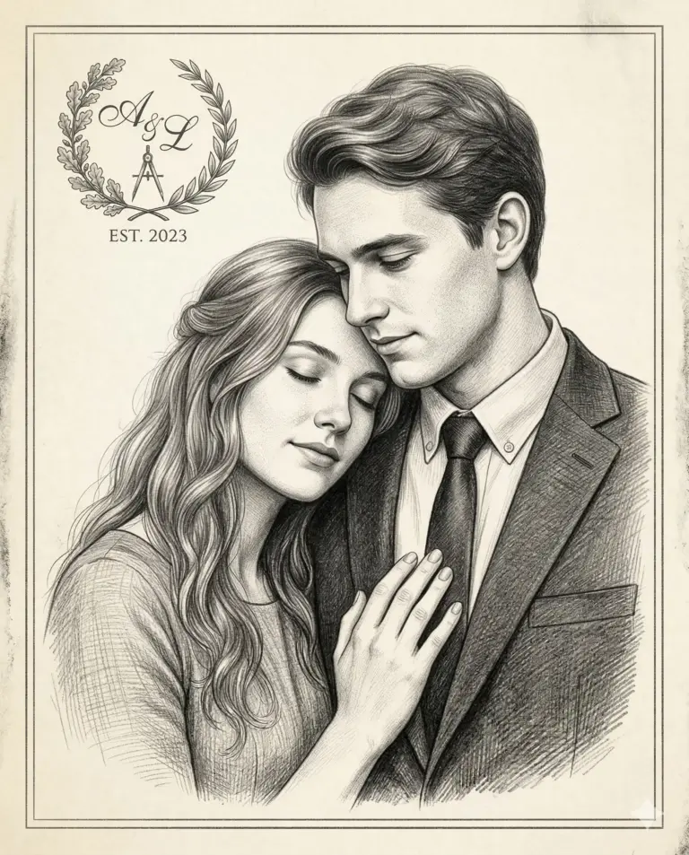Couple Sketch with Crest AI Photo Editing Prompt. AI generated digital pencil sketch illustration of a romantic young couple in formal attire embracing, featuring a decorative monogram crest with the initials "A&L" and the text "EST. 2023."