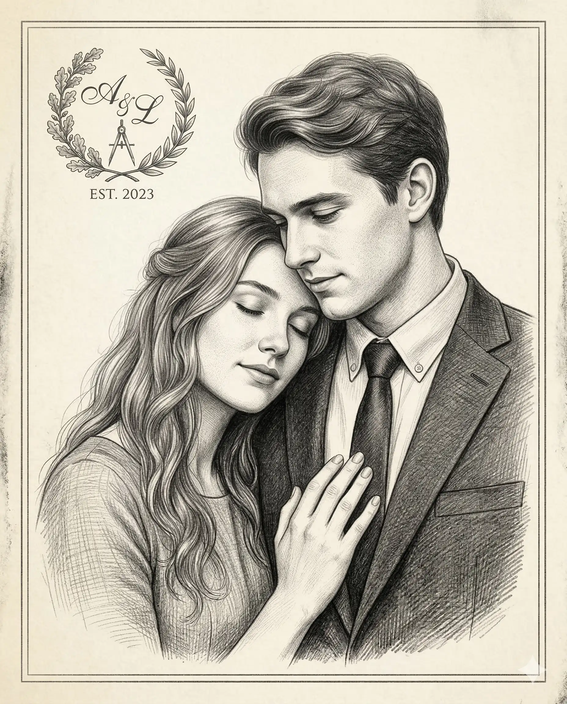 Couple Sketch with Crest AI Photo Editing Prompt. AI generated digital pencil sketch illustration of a romantic young couple in formal attire embracing, featuring a decorative monogram crest with the initials "A&L" and the text "EST. 2023."