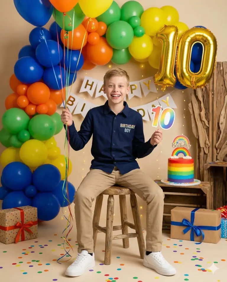 Boy's 10th Rainbow Birthday AI Photo Editing Prompt. AI generated studio portrait of a smiling boy sitting on a wooden stool surrounded by rainbow balloons, a themed cake, and colorful gifts.