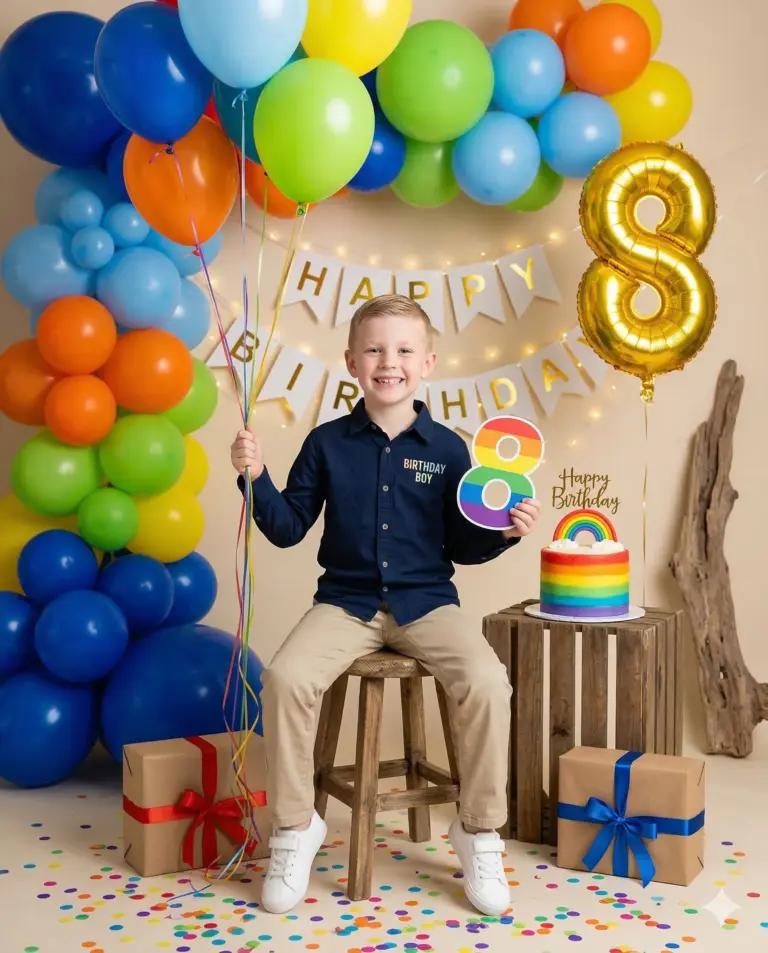 Boy’s 8th Birthday Rainbow Celebration AI Photo Editing Prompt. AI generated studio portrait of a smiling young boy in a navy shirt sitting on a stool surrounded by vibrant rainbow balloons, a colorful cake, and festive gifts.