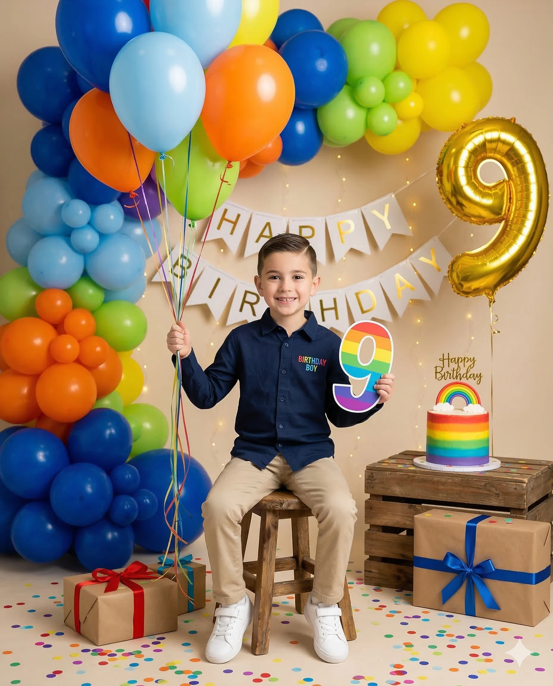 Boy's 9th Birthday Rainbow Celebration AI Photo Editing Prompt. AI generated studio portrait of a smiling boy sitting on a stool surrounded by colorful balloons, a rainbow cake, and birthday gifts.