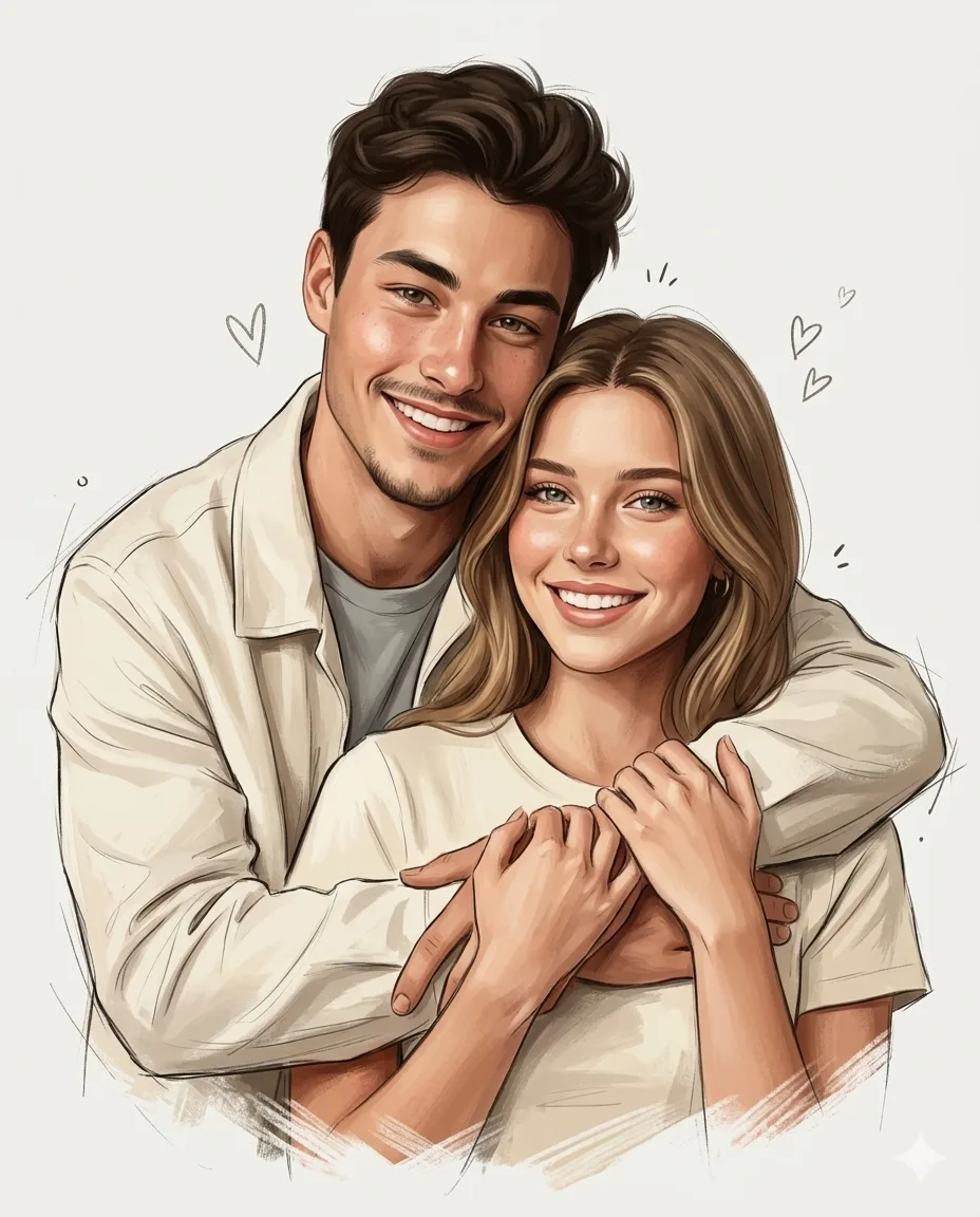 Digital illustration of a smiling young man affectionately hugging a smiling young woman from behind, with small drawn hearts floating around them.