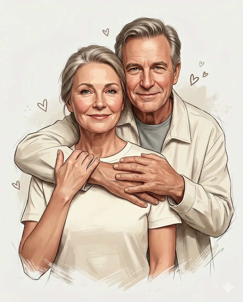 Senior Couple Embrace AI Photo Editing Prompt. AI generated digital illustration of a smiling older man warmly embracing a senior woman from behind, accented with small drawn hearts.